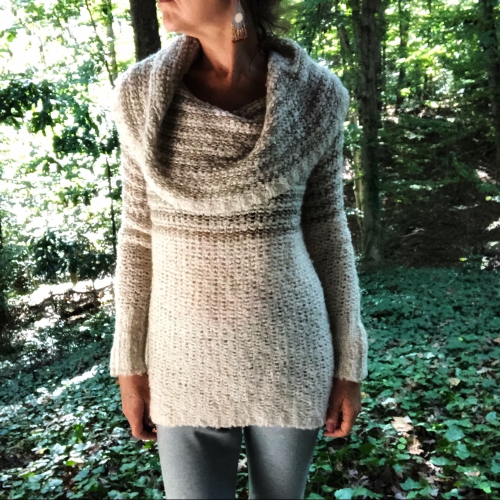 Free People Engineer Cowl Neck Striped Sweater Cream And Tan Oversized Fit